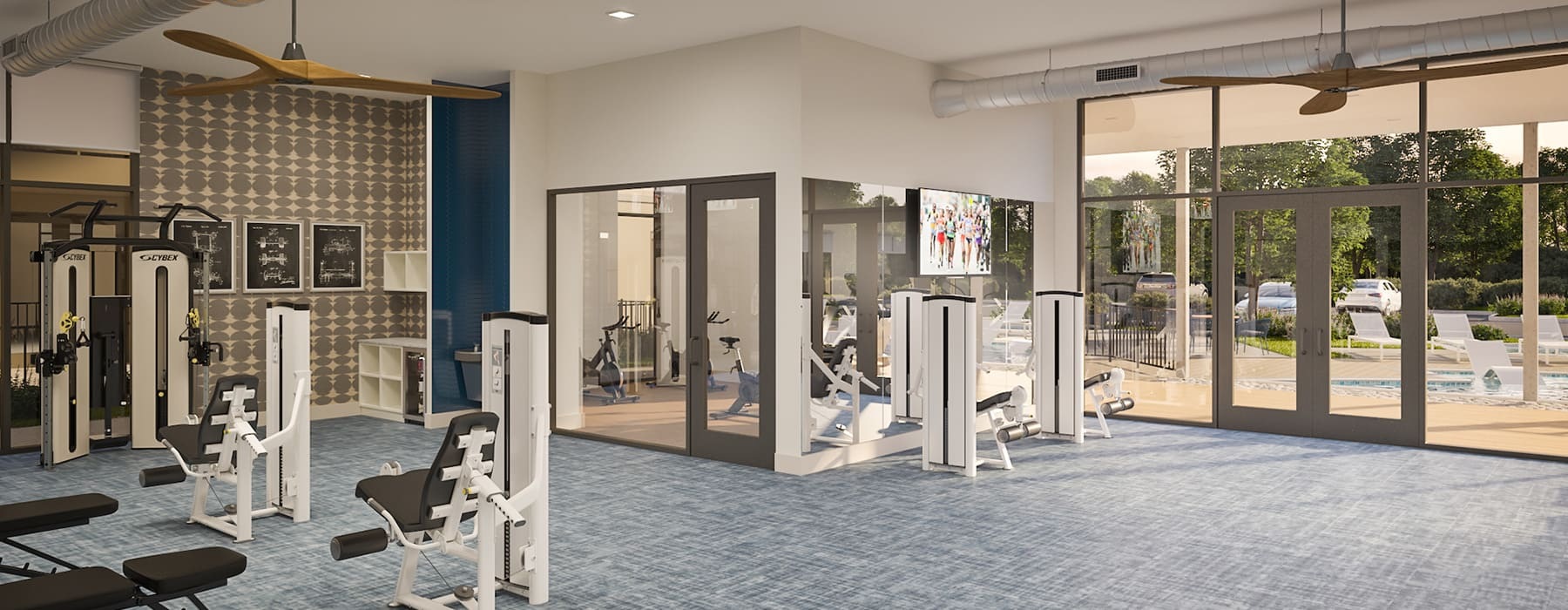 rendering of fitness center showing spacious room and equipment